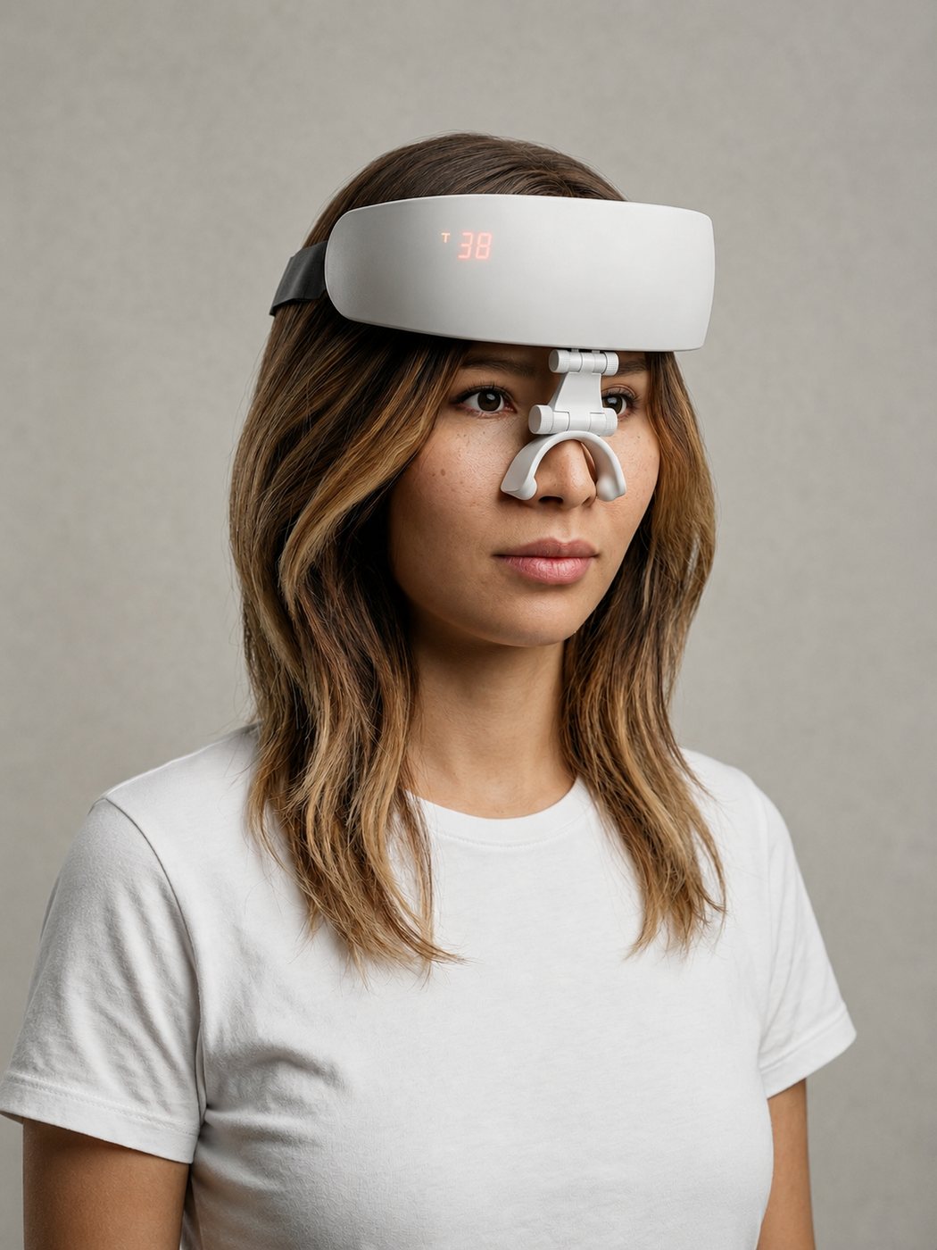 Woman wearing the white Hejoy wearable breathing device